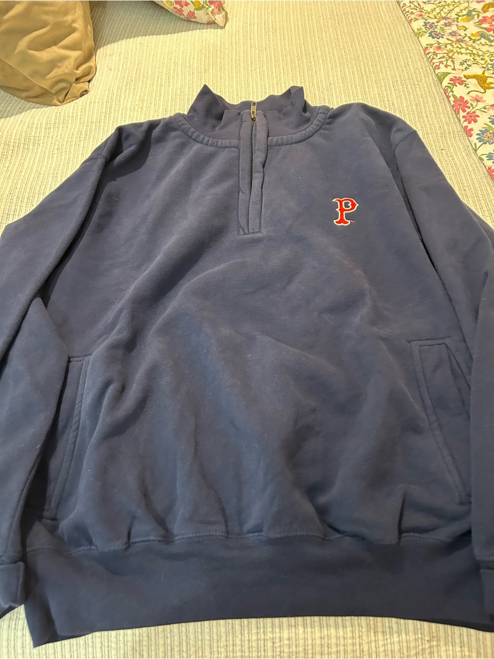 Men's Navy Quarter-Zip Pullover Sweater with Red 'P' Emblem pawtucket paws